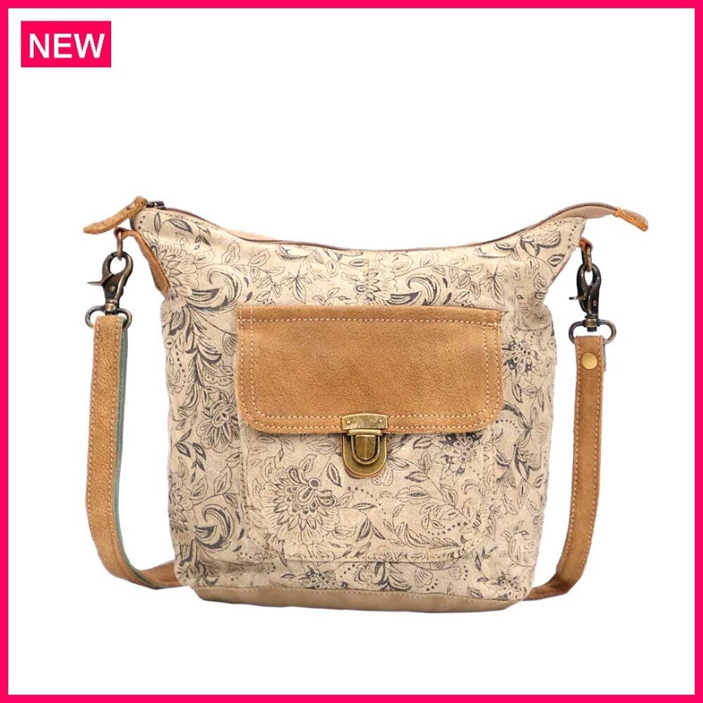Floral Canvas and Leather Shoulder Bag - Handcrafted Vintage Style Purse
